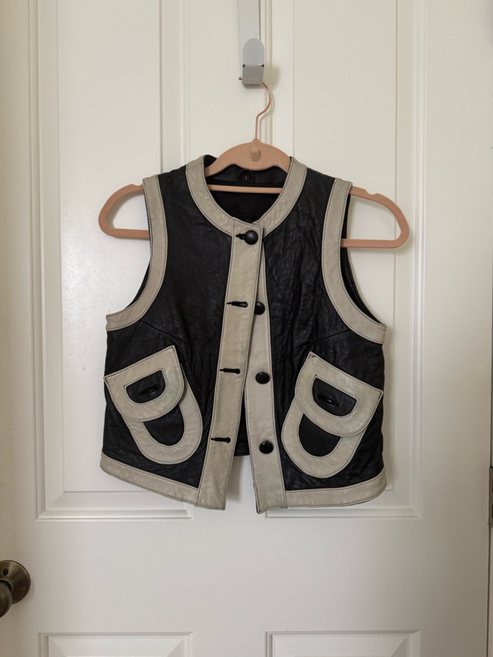 Rem Garson Black Leather Vest with Cream Trim